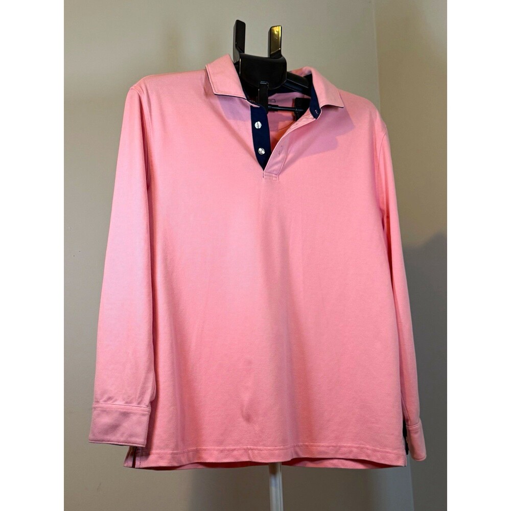 Club Room Performance Polo Men's L Pink Navy Solid Long Sleeve Collared Button